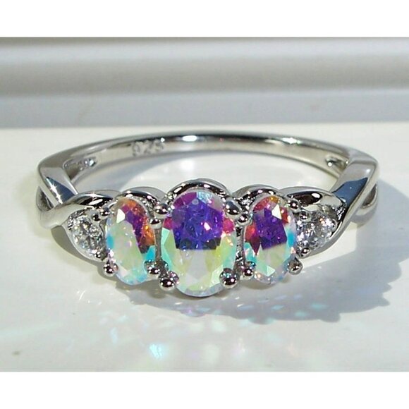 925 STERLING SILVER Simulated Triple Mercury Mystic CZ Ring - Picture 3 of 16